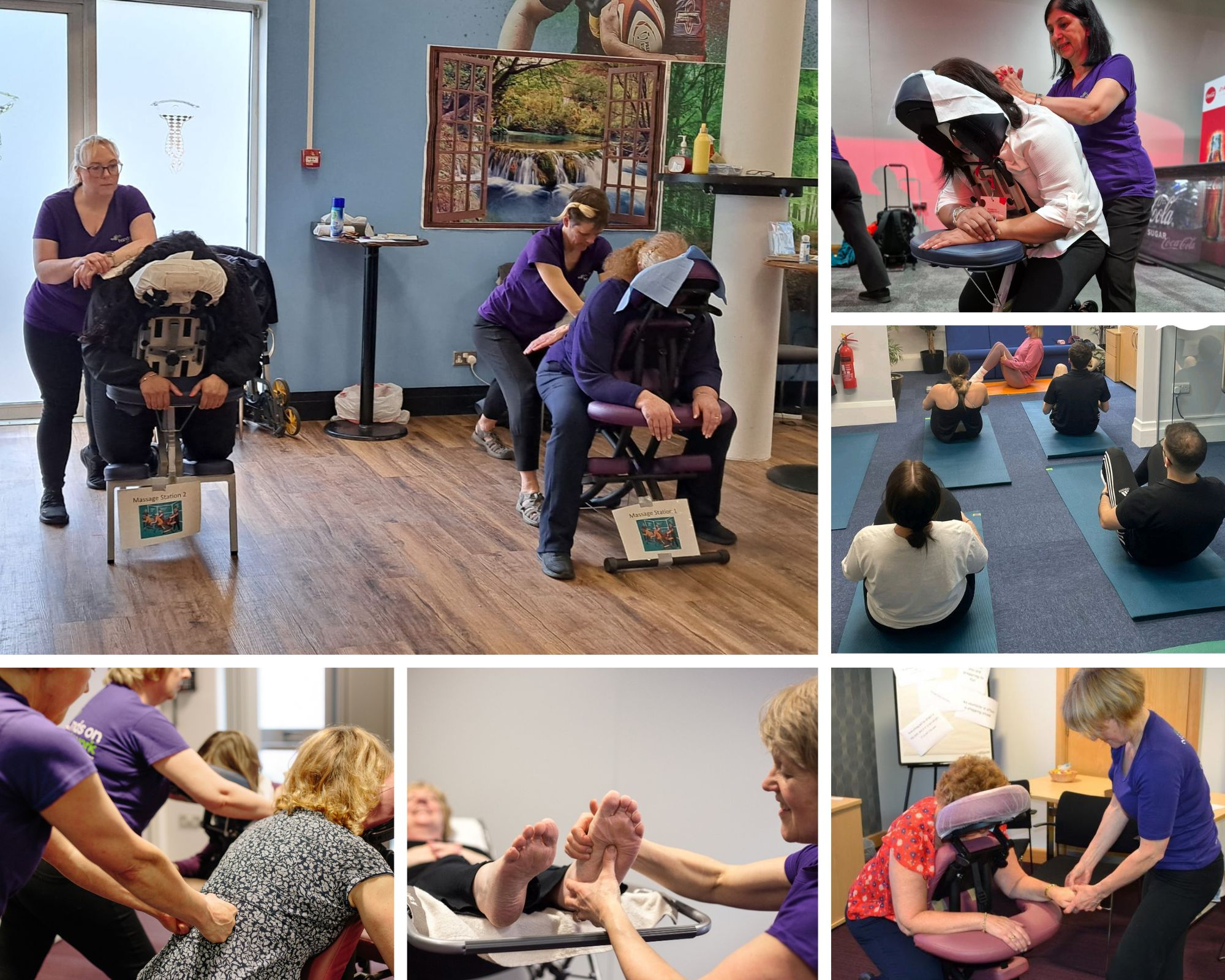 A mosaic of different images showing massage at work